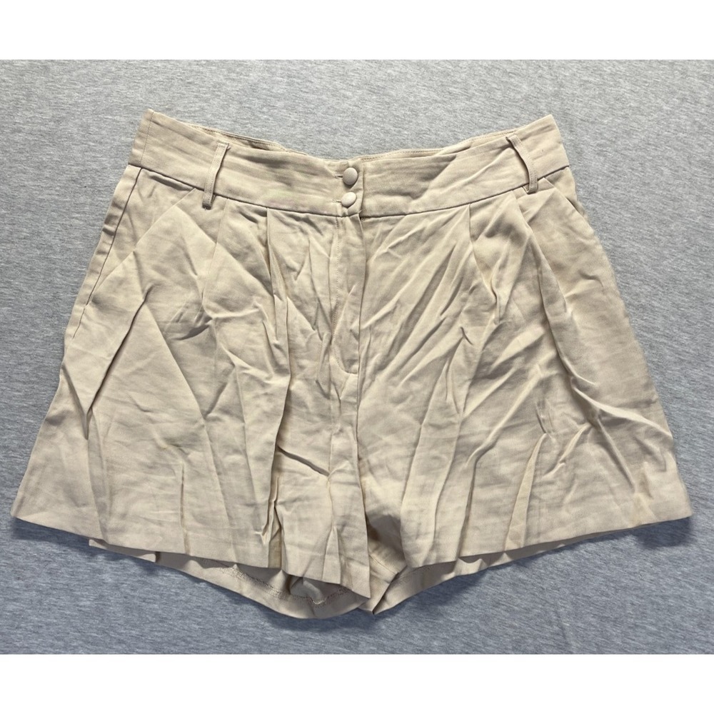 Primark Care Shorts Womens 14 Beige Viscose Pleated Summer Holidays Belt Loops